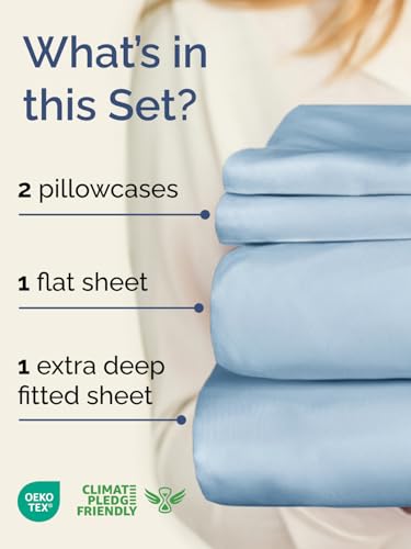 Image of Extra Deep Twin Sheet Set - 4 Piece Breathable & Cooling Sheets - Sky Blue | Hotel Luxury Bed Sheets Set, Easy & Secure Fit, Ultra-Soft, Wrinkle & Fade Free, Comfy Sheets Set with Extra Deep Pockets