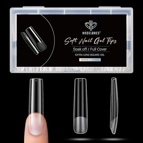 Image of Modelones Long Square XXL Fake Nail Tips - 504Pcs Gel Tips Pre-shaped Half Matte Full Cover Clear Acrylic Gel Kit False Press on Nails for Extension DIY Salon 12Sizes
