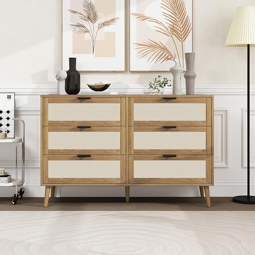 Cajonera de mimbre de nogal con seis cajones de 118,5 cm de largo, patas de madera de pino, adecuada para dormitorio, salón, estudio y otras habitaciones