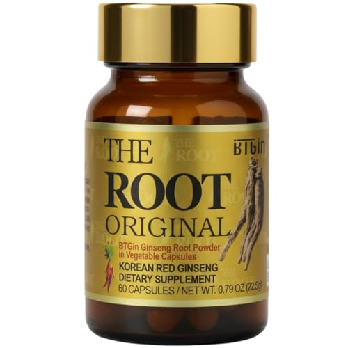 BTGIN The Root Original Korean Red Panax Ginseng Supplement - 100% Whole Fine Root Powder with Natural Fiber & Minerals - Caffeine Free Stamina, Wellness & Immunity Support - 60 Capsules