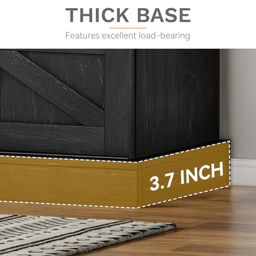 DWVO Farmhouse Buffet Cabinets, 52" Coffee Bar with Goblet Holder & Power Outlet, Sliding Barn Door Sideboard Cabinet for Kitchen & Living Room Storage (Black Oak)