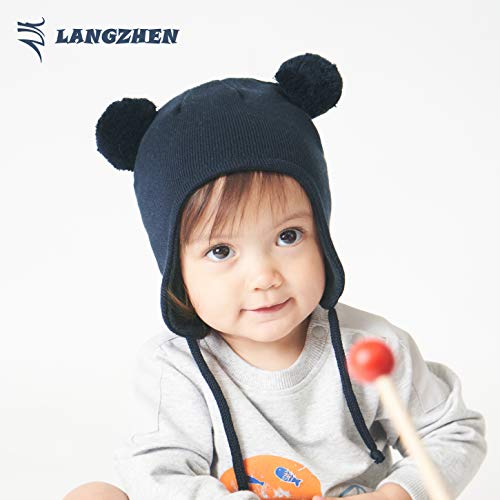 LANGZHEN Cute Pom Pom Babys Winter Hat Infant Earflap Knit Warm Cap for Boys Girls Toddler Kids Fleece Lined Beanie2