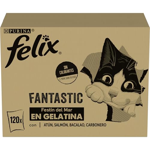 Felix Fantastic, Comida Húmeda para Gato Adulto, Gelatina, Surtido de Atún, Salmón, Bacalao y Carbonero, Pack de 120 Sobres de 85 g