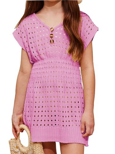 Girls Summer Crochet Swim Beach Cover Up Button Elastic Waist Beach Dress 5-14 Years3