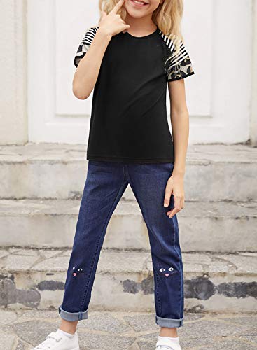 Dokotoo Girls Short Sleeve Shirts Stripes Leopard Print Colorblock Sweat Girls' Tops, Tees & Blouse Cute Baby Kids Campus T Shirt For Teen Girls Black Size 4-5 #TOP2