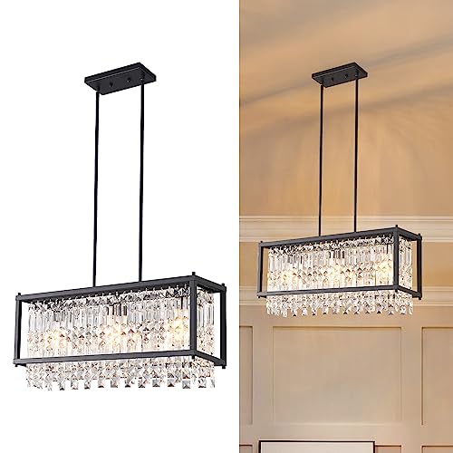 Image of LMQNINE Modern Rectangle Chandelier for Dining Room, Black Crystal Chandelier Linear Light Fixture, Farmhouse Chandeliers for Kitchen Island, Bar Table, L25.98'' x W9.84'' x H8.66''