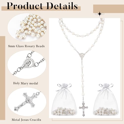ROCEEI 24 Pcs 8mm Glass Pearl Beads Rosary Necklace First Communion Rosary Rosary Chain with Alloy Cross Mesh Bag for Gifts3