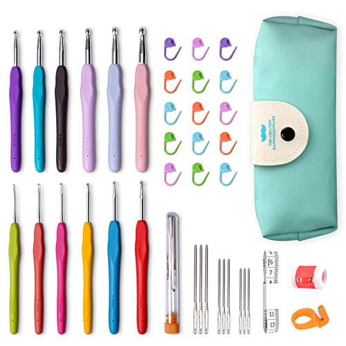 RealPlus Crochet Set, 12 Piezas Crochet Hook Set, Regalo para Mujeres, Kit de Agujas de Tejer Ergonómicas con Mango de Goma Antideslizante y Bolsas,2mm-8mm(verde)