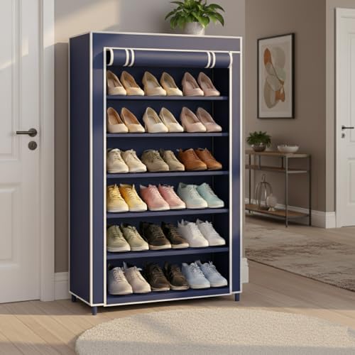 Image of Blue Shoe Rack with Cover | Plastic Rack 6 Shelves with Zip Cover & Side Pockets | Dustproof Multiuse Storage Organizer for Footwear, Shoe Rack Plastic, Slipper Stand