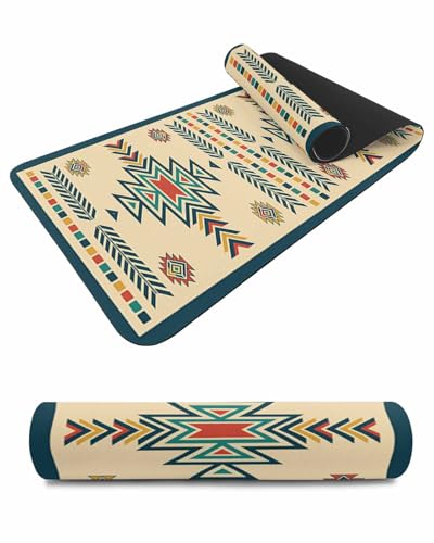 Debedcor Heat Proof Table Pads Waterproof Decorative, Boho Beige Geometric Non-Slip Table Countertop Protector, Teal Abstract Morocco Rustic Insulation Mat for Dining Room, 48 x 12 Inches