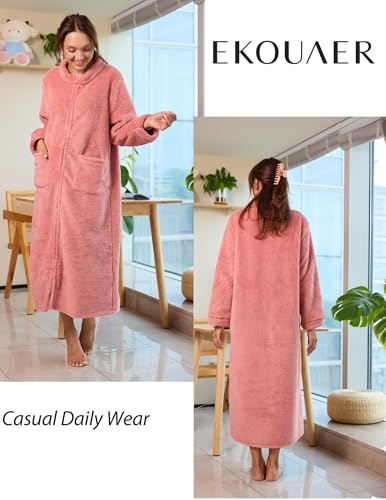 Image of Ekouaer Women Zipper Robe Fleece Long Sleeves Bathrobe Sleepwear Warm Soft Housecoat with Pockets Zip Up House Dresses