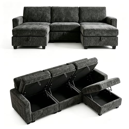 GRAVFORCE Ecksofa mit Stauraum unter jedem Sitz 251cm 3 Sitzer Modulares Sofa mit 2 Hockern Couch Wohnzimmer mit Ablagefächern U-Form Sofa für Wohnung Büro Chenille Dunkelgrau
