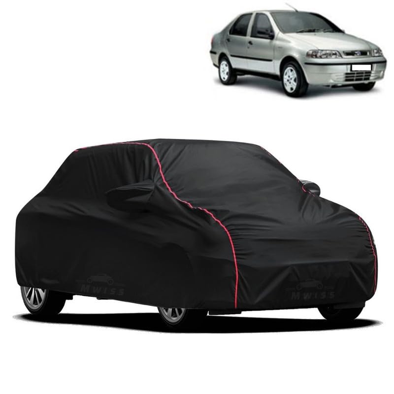 Image of Waterproof Car Cover for Fiat Petra | All-Weather Protection, Dustproof & UV Resistant | Triple Stitched Mirror Pockets, Windproof Buckle Strap with Elastic Hem, Black-Red Piping