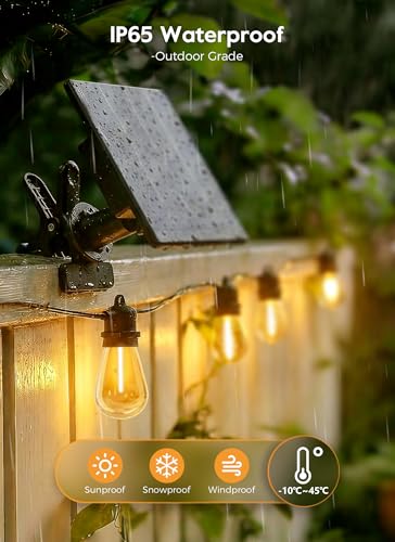 Image of Minetom 100FT Solar-String-Lights-Outdoor-Waterproof, 31+2LED S14 Shatterproof Bulb, Patio Lights with Remote Type-C Port Timable, 3 Light Modes Dimmable Solar String Lights for Outside, Yard, Camping