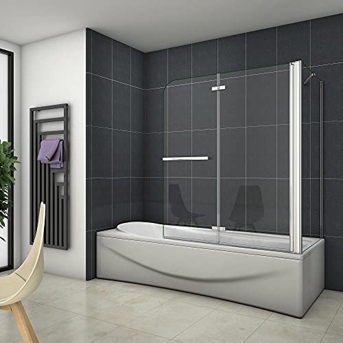 Mamparas de Bañera Cristal Plegable 2 Hojas Pivotante con Toallero 6MM Cristal Antical Con Pantalla Fija 100X70X140CM