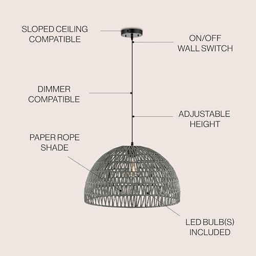 Image of JONATHAN Y 20 inch Gray Modern Bohemian Woven Rope LED Pendant Light Fixture, Adjustable Dome Ceiling Lamp for Kitchen Island, Rope Shade, Coastal Farmhouse Decor (JYL6504D)