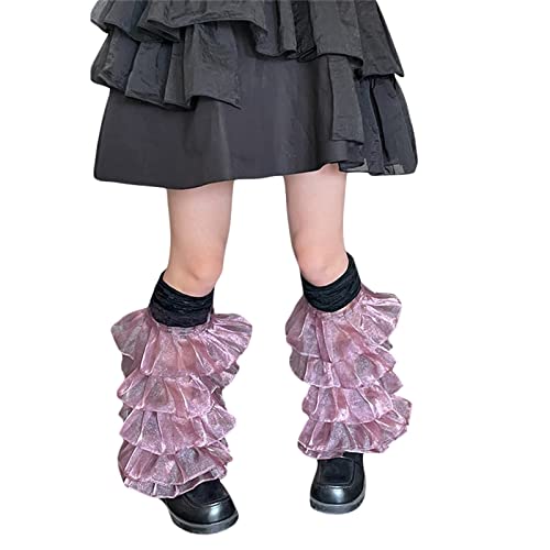 Image of Women Leg Warmers Ruffled Lace Patchwork Long Thigh High Socks Boot Cuffs Cover for Streetwear