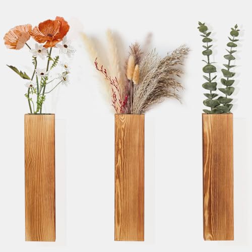 Cerkkapo 3er-Set Holz Wandvase,Wand Pflanzgefäß Aus Holz,Hängende Pflanzgefäße AusHolz,Wandbehang Blumenvase Container für Trockenblumen Und Künstliches,Wohnzimmer,Schlafzimmer,Heimdekoration