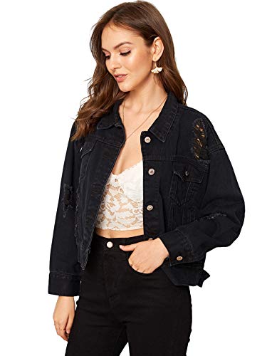 Floerns Women's Ripped Distressed Casual Long Sleeve Denim Jacket Black B XS