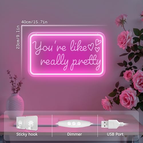 Image of You're Like Really Pretty Neon Signs for Wall Decor,Pink Led Neon Sign for Teen Girls Dimmable Neon Lights Signs for Aesthetic Room Girls Bedroom Decor, Beauty Salon,Party