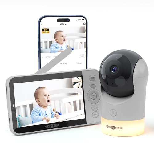 PARIS RHÔNE Babyphone mit 2 Kameras, 5" WiFi Babyphone mit APP, 2K UHD, Nachtlicht, Bewegungs-/Schreierkennung, Temperatur- und Luftfeuchtigkeitsüberwachung, Schlaflied(Grau)