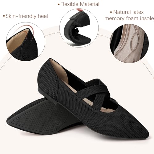 Image of TINGRISE Womens Mary Jane Flats Knit Ballet Flats for Women Pointed Toe Dressy Comfortable Slip-On Flats Shoes for Work Casual