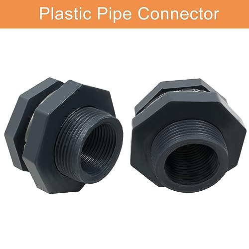 Image of 2pcs NPT1 PVC Bulkhead Fitting, 1 Inch Plastic Water Tank Connector Threaded Thru-Bulk Pipe Fittings for Rain Barrels, Aquariums, Bucket Hose Adapter, Ponds, Pools