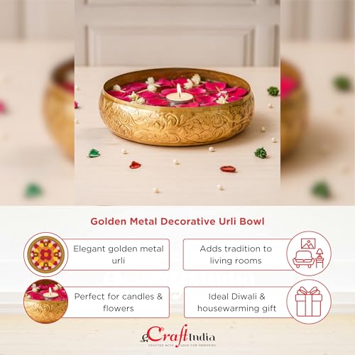 Image of eCraftIndia Golden Metal Decorative Urli Bowl for Home Decoration Office Tv Unit Kitchen Showpiece for Good Luck | Urli for Floating Candles Flowers for Pooja Room Entryway Living Room Diwali Gift