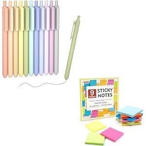 Shuttle Art School & Work Supplies Bundle, 11 Pack Mild Gel Ink Pens Cute Pens in black ink, 0.5mm Tip + 9 Bright Colors Sticky Notes for Writing Journaling Taking Notes School Office Home