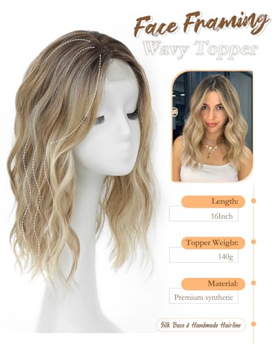 MORICHY 16Inch Hair Topper for Thinning Hair Women Wavy Curly Fringe Clip in Synthetic Wiglet to Add Volume Balayage Dark Brown Root to Blonde Ombre with Highlights Hair Toppers for Women