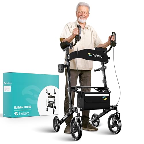 Helavo Upright Walker with Seat - Foldable Stand Up Walker for Seniors with Padded Armrests - Tall Standing Rollator