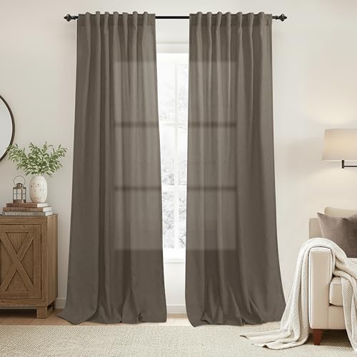 KOUFALL Dark Taupe Brown Linen Curtains 90 Inch Long Modern Elegant Earthy Room Decor Aesthetic Gray Brown Sheer Earth Tone Curtains for Bedroom Living Room 2 Panels Set