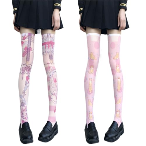2 Pairs Premium Kawaii Lolita Cute Tights for Women with Animal Designs Sheer Knee-high Stockings Pantyhose