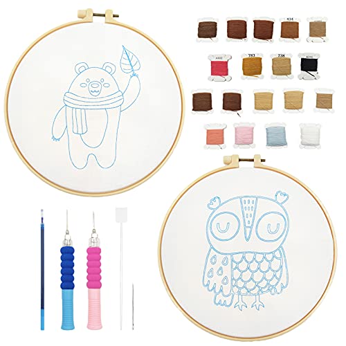 Hand U Journey Punch Needle Embroidery Starter Kit | Embroidery Stitching Punch Needle Beginner Kit With Fine Wool Yarn, And A 8" Plastic Hoop For Kids Adults Rug Hooking-Bear&Owl #TOP1
