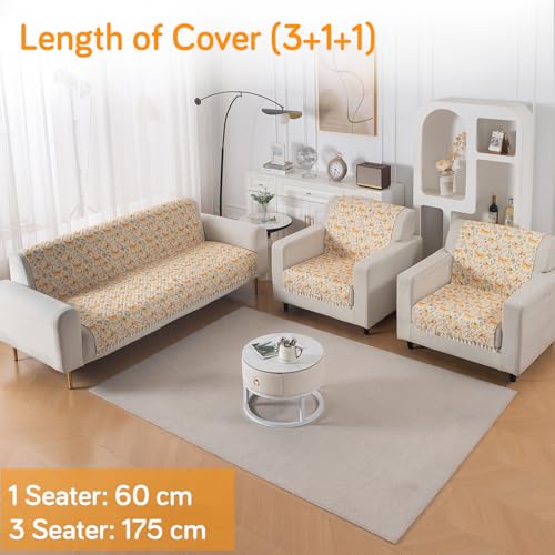 Image of HOKIPO Sunlit Butterfly Quilted Sofa Cover 5 Seater Set - Washable 3+1+1 Sofa Cover for Seat & Back with Tassel Design | 'Tassel Twigs' Series (IN-991-T3 + IN-989-T3)