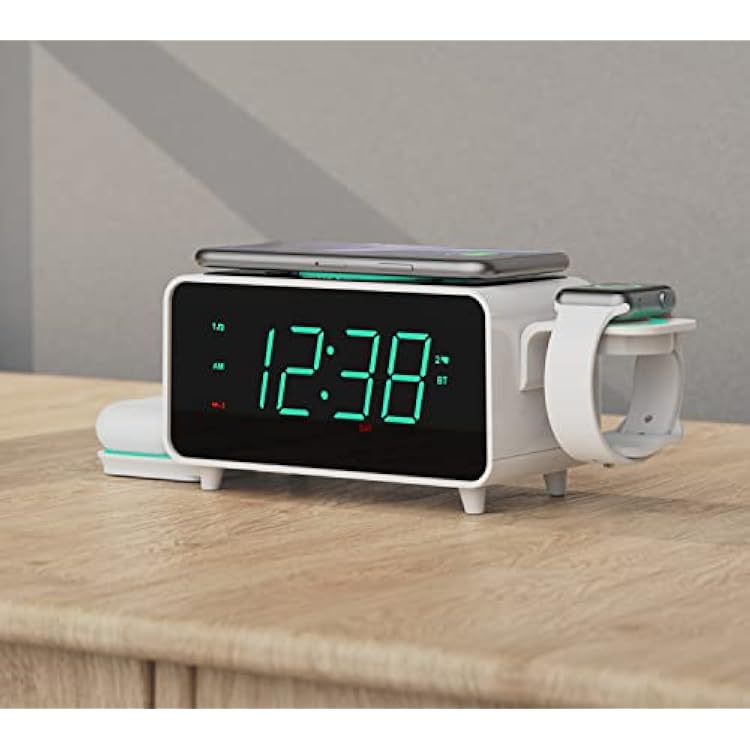 Emerson Smartset Dual Alarm Clock FM Radio with Wireless Charging, Bluetooth Speaker, Ultra Fast Charging for Airpods/iPhone, Foldable Stand, USB Charger, Adjustable LED Glow, ER100501