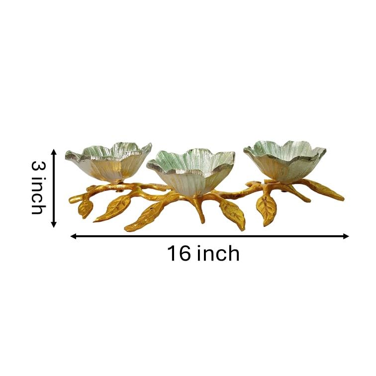 Image of Flower Shape Decorative Serving Bowls on Leaves Stand, 3 Bowls | Dry Fruits Serving Bowls | Tableware | Centerpiece | Gifting (Color- Gold & German Silver)