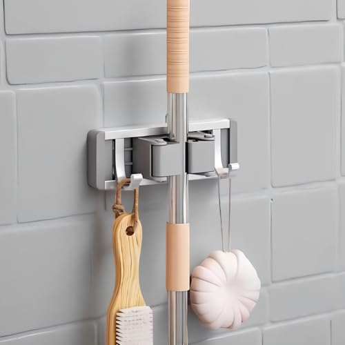 Image of STAR WORK Heavy-Duty Space Aluminum Wall Mop & Broom Holder, Waterproof Organizer with Dual Non-Slip Grips and Utility Hooks, No-Drill Adhesive Mount for Kitchen, Bathroom.(1 MOP HOLDER 2 HOOKS)