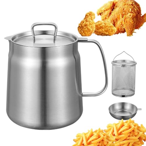 Olla de filtro de aceite de acero inoxidable con colador y tapa a prueba de polvo, esencial para cocina, campamento y almacenamiento de aceite de cocina