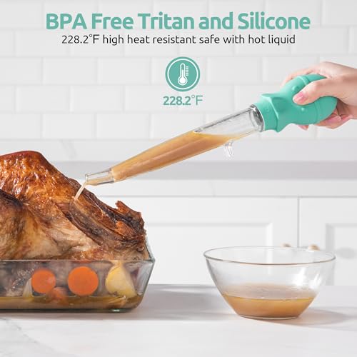 Image of U-Taste 1.5oz Angled Turkey Baster - 228.2℉ Heat Resistant Food Grade Tritan and Silicone Large Octopus Bulb Baster Set with Cleaning Brush for Cooking Basting Meat Poultry Beef Chicken (Aqua Sky)