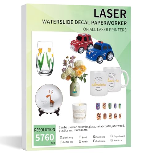 20 Sheets Waterslide Decal Paper LASER CLEAR,8.5X11 Inch Water Slide Transfer Paper Transparent Printable for Tumblers,Ceramics,Plastics,Glasses,DIY