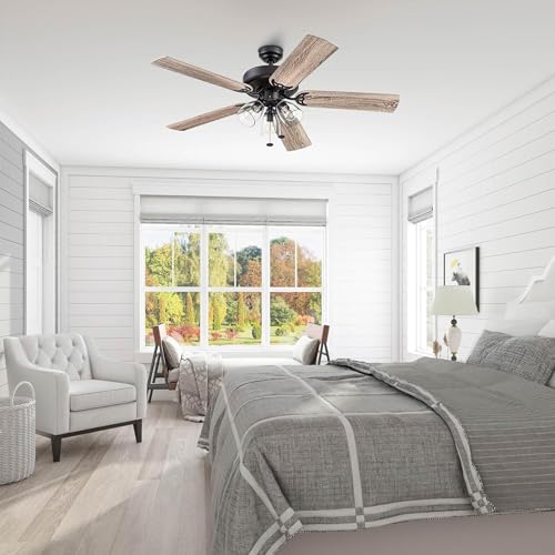 Image of Prominence Home Saybrook 52 Inch Farmhouse LED Indoor Ceiling Fan with Light, Pull Chain Control, 5 Dual Finish Blades, Reversible Motor, Bronze