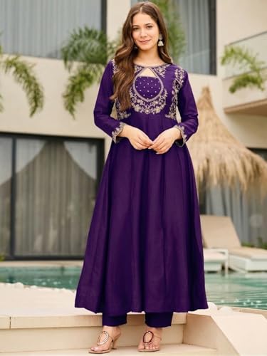 Image of Women's Vichitra Silk Anarkali Kurta Set with Dupatta | Embroidered Kurta Set for Women | Rust Orange Wedding & Festive Ethnic Dress