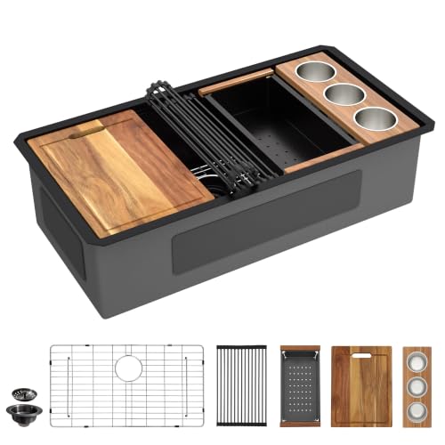 Image of 36 inchx19 inch Matte Black Undermount Kitchen Sink Workstation | 16 Gauge T304 Stainless Steel, Nano-PVD Black Finish, Under Counter with Integrated Ledge, Round Corners, Single Bowl Basin