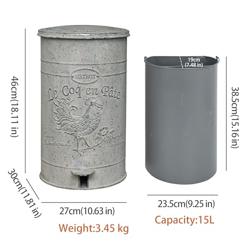 Image of Z&Z ornamentorum Retro Kitchen Trash Can with Lid 15 Liter /4 Gallon and Pedal Round Touchless Garbage Cans with Rooster Patterns Outdoor Trash Can for Kitchen Park Garden Grey