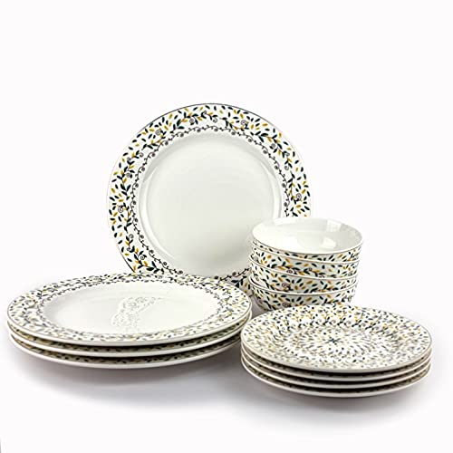 Conjunto vajillas porcelana 12 piezas moderna colores (4 personas) (VERDE FLORES)