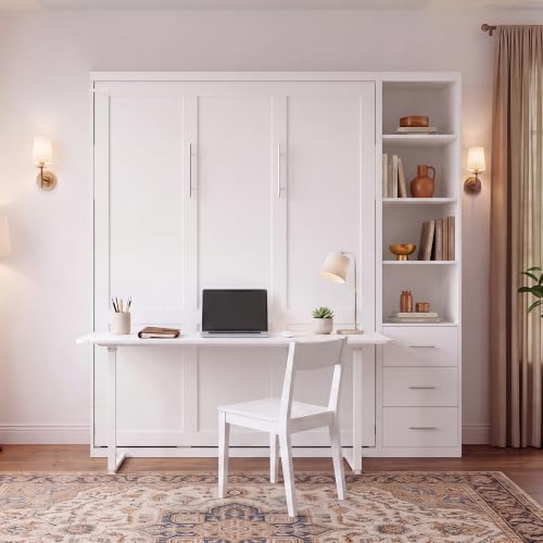 Queen Murphy Bed with Desk & Bookcase, Space-Saving Wall Bed, White