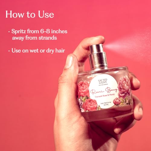 Image of Sacred Grove Rani Baug Floral Hair Perfume for Women | Hydrating Hair Mist with Long-Lasting Fragrance | Water-Based & Alcohol-Free Formula | 50ml