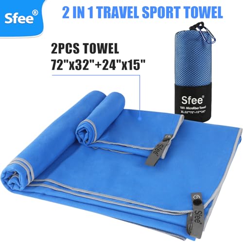Sfee 2 Pack Microfiber Travel Towel, Quick Dry Camping Towel Large Beach Towel Super Absorbent Compact Lightweight Sports Gym Towels Set for Beach, Gym, Hiking, Pool, Backpacking,Bath,Yoga