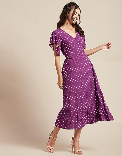 Image of Moomaya Women's Printed Dress, V-Neck, Short Sleeves, Ruffled Midi Summer Dress